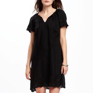 Old Navy Mini Dress XS Petite Black Floral Eyelets Rayon Linen Flutter Sleeves